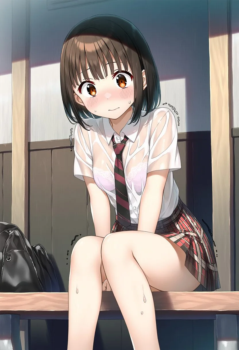 雨に濡れて震える茶髪ショート女子