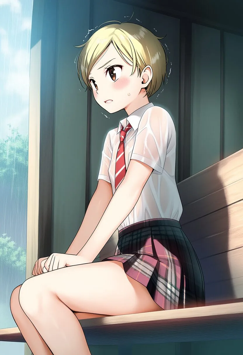 ボーイッシュ女子がバス停で雨に濡れて震えている