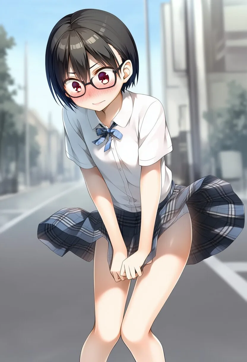 元気なメガネ系女子はスカートを押さえる