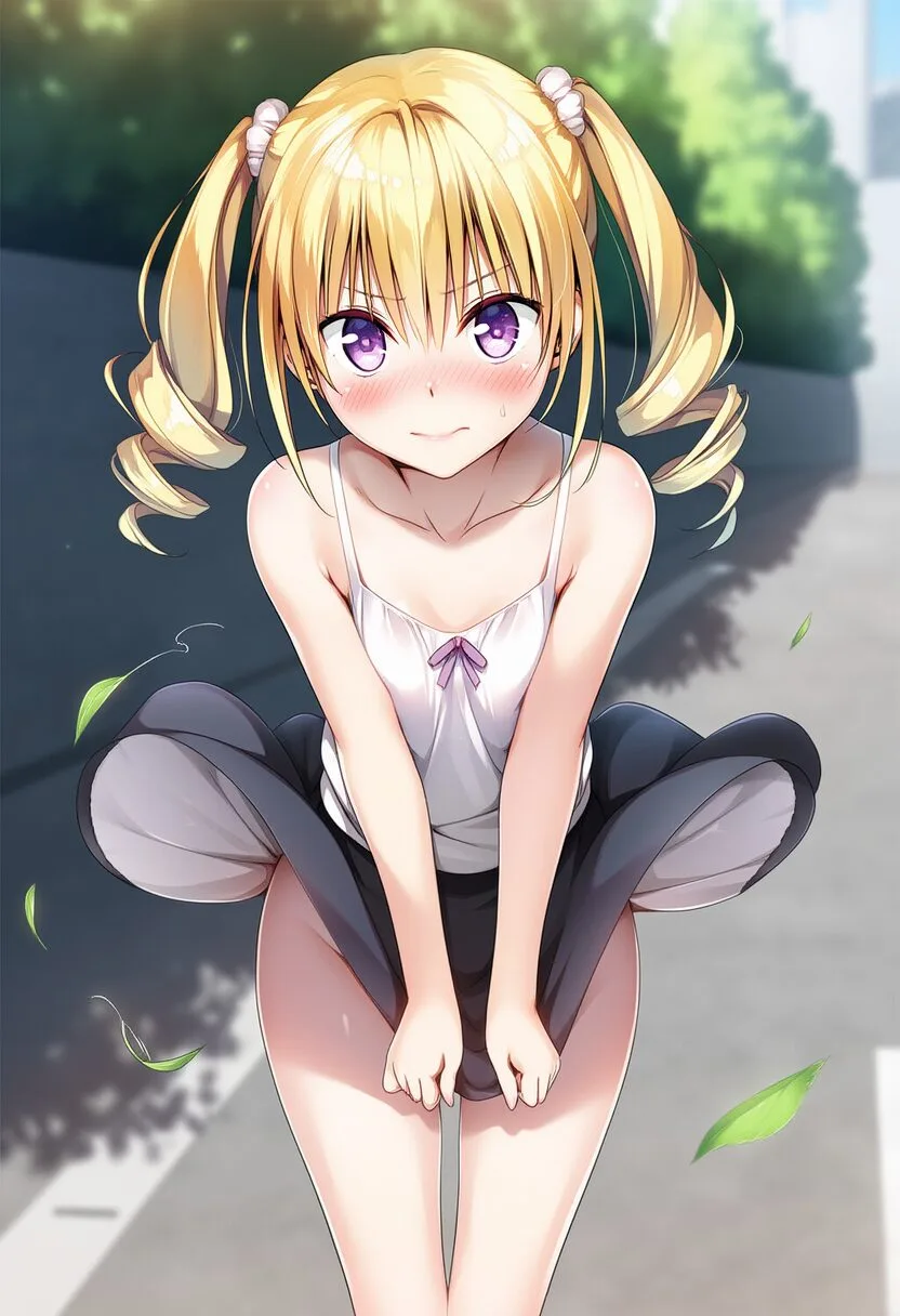 金髪ツインテール娘はスカートを押さえる