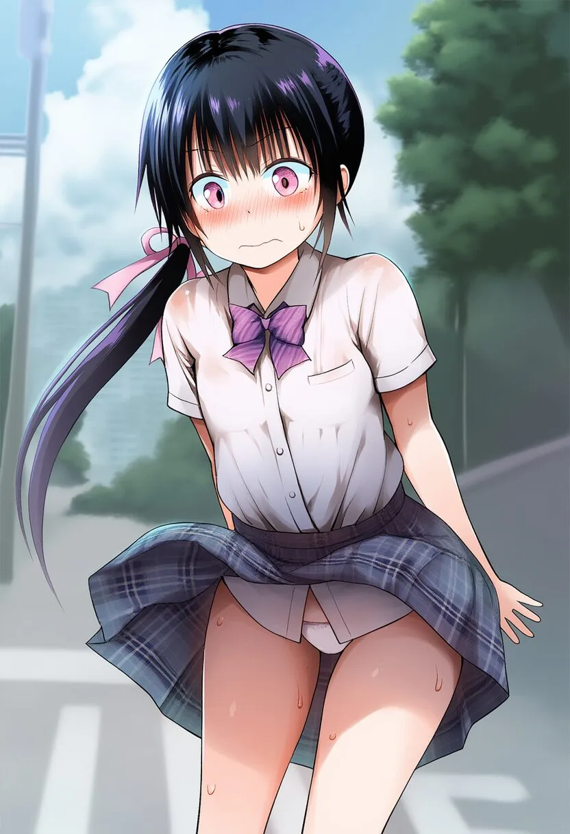 ポニテな彼女はスカートを押さえる