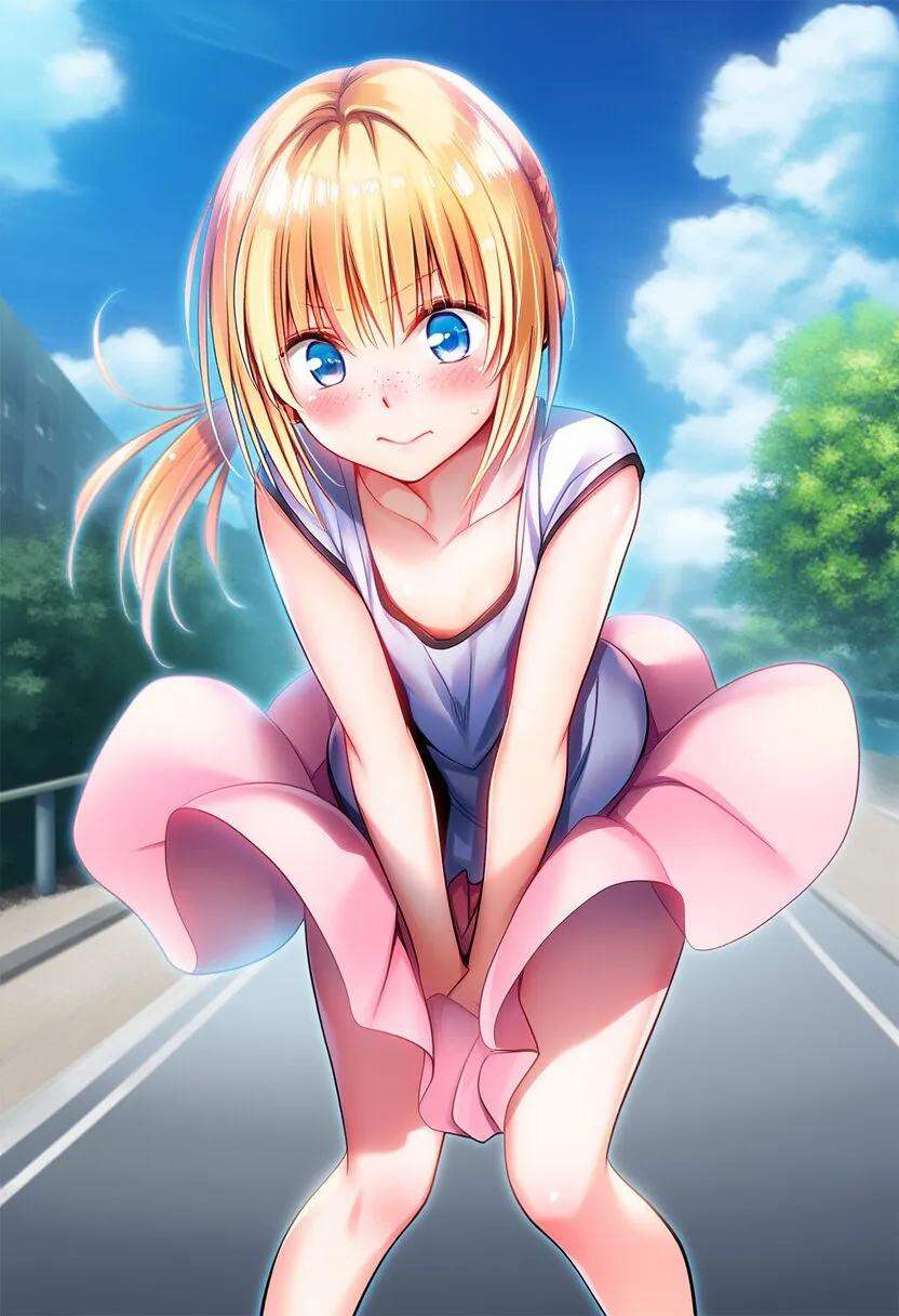 金髪ポニテ女子はスカートを押さえる