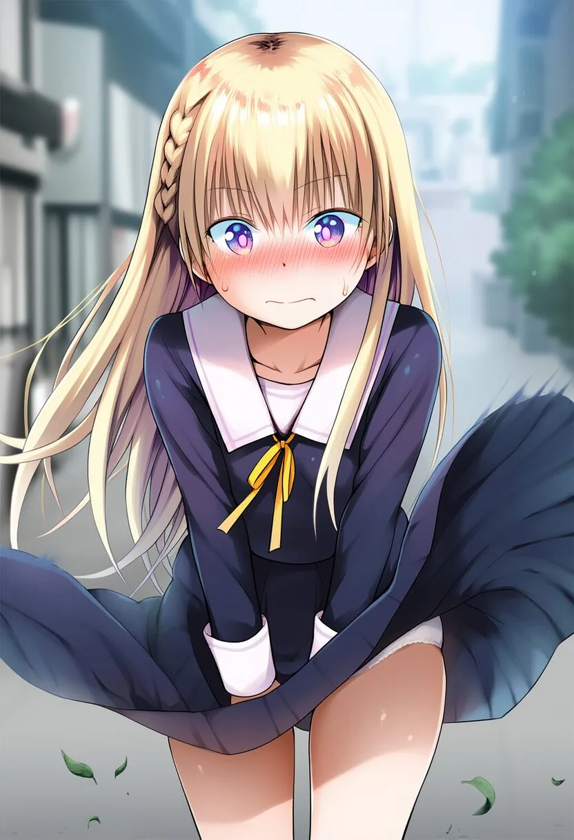 金髪ガールはスカートを押さえる