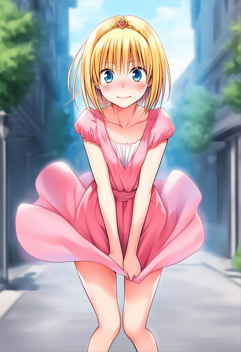 プリンセスはスカートを押さえる