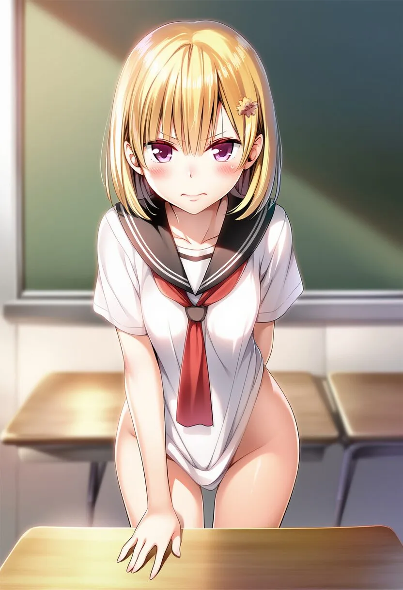 金髪女子は見えそうで、見えない。
