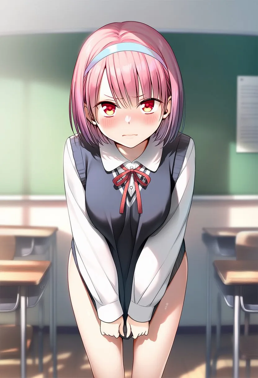 ショートのピンクヘア女の子は見えそうで、見えない。