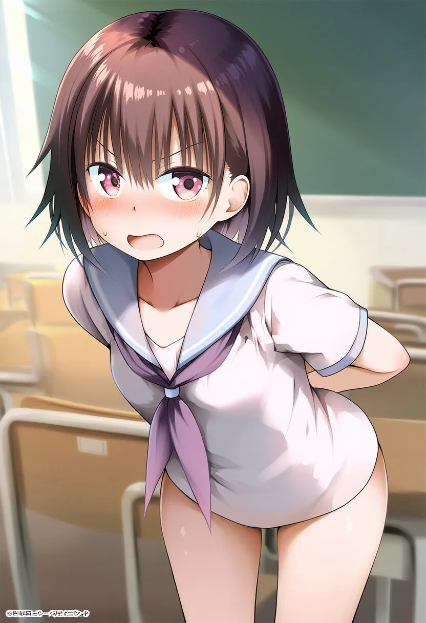 茶髪ショート女の子は見えそうで、見えない。