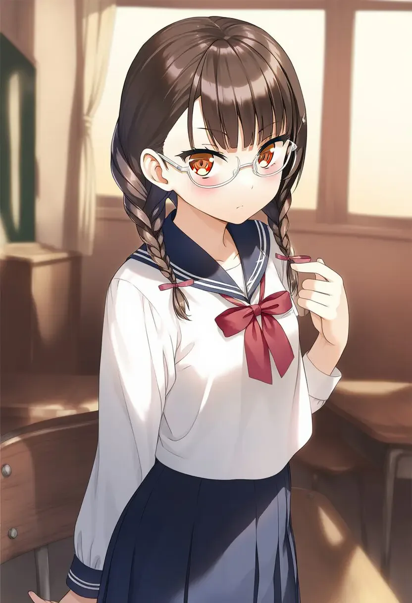 a noble cute girl, brown braid hair, twin tail hair , {{{{frameless)}}}} eye gla s-1716997853