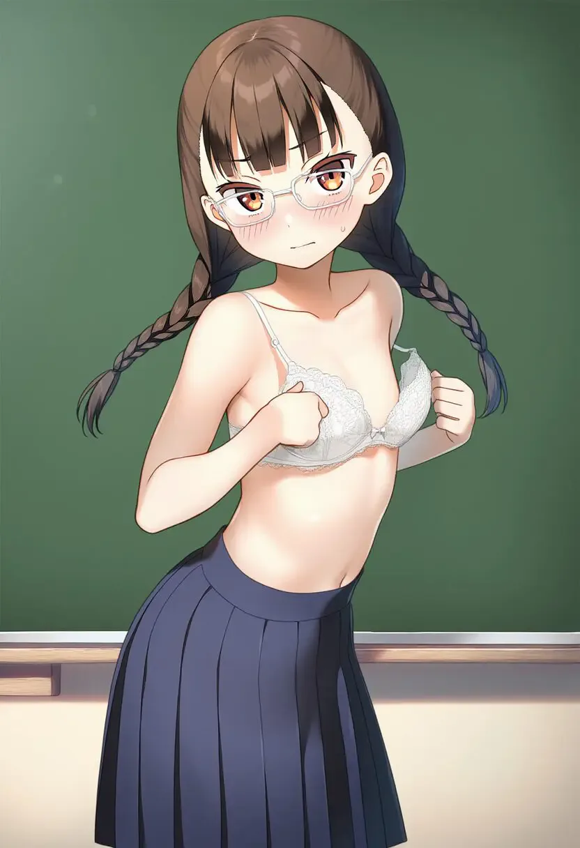 a noble cute girl, brown braid hair, twin tail hair , {{{{frameless)}}}} eye gla s-1954564863