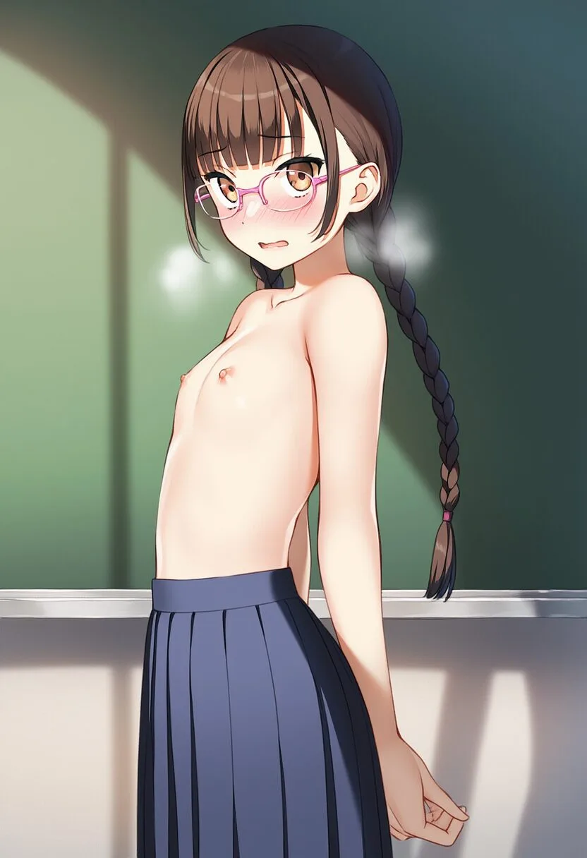 a noble cute girl, brown braid hair, twin tail hair , {{{{frameless)}}}} eye gla s-2048391473