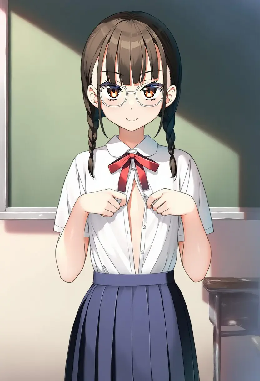 a noble cute girl, brown braid hair, twin tail hair , {{{{frameless)}}}} eye gla s-2811029024