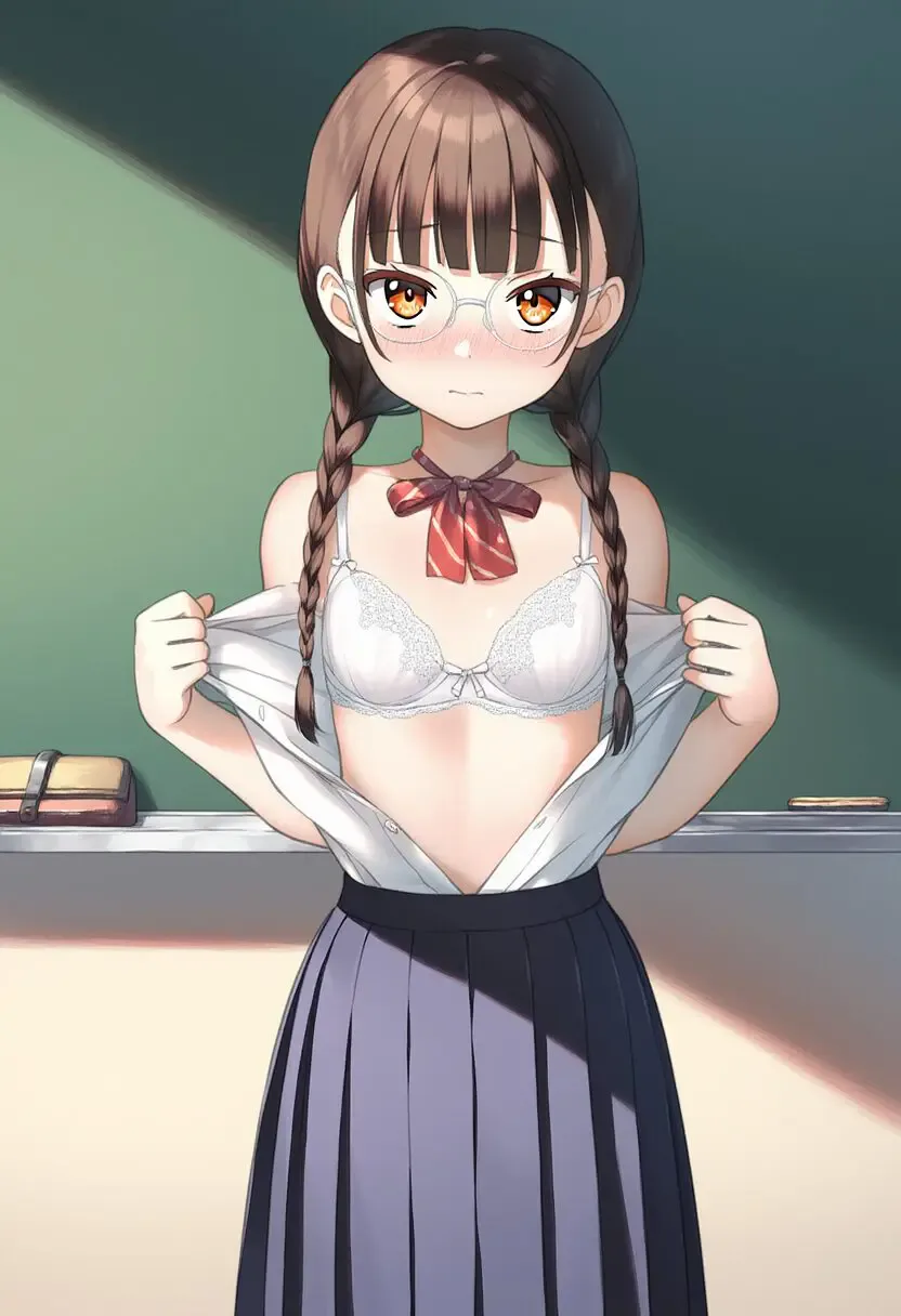 a noble cute girl, brown braid hair, twin tail hair , {{{{frameless)}}}} eye gla s-3208432522