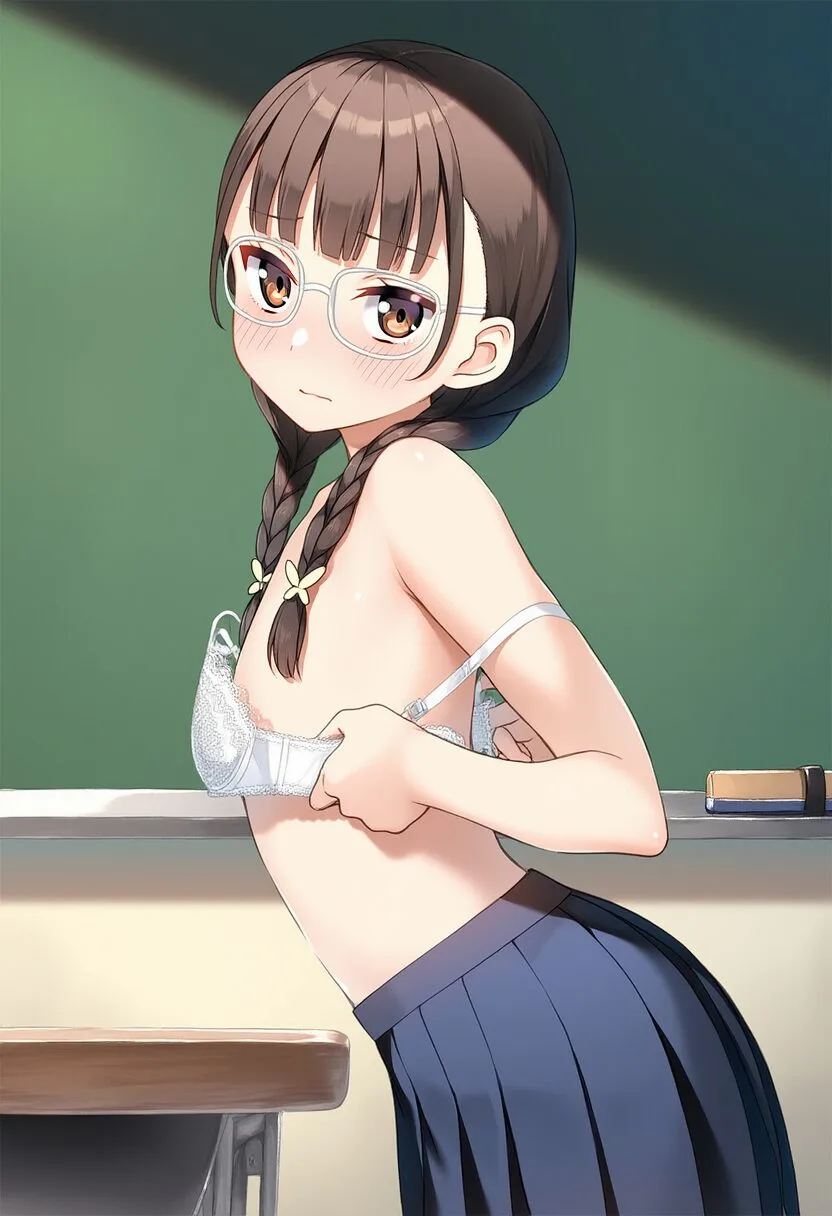 a noble cute girl, brown braid hair, twin tail hair , {{{{frameless)}}}} eye gla s-4143482303