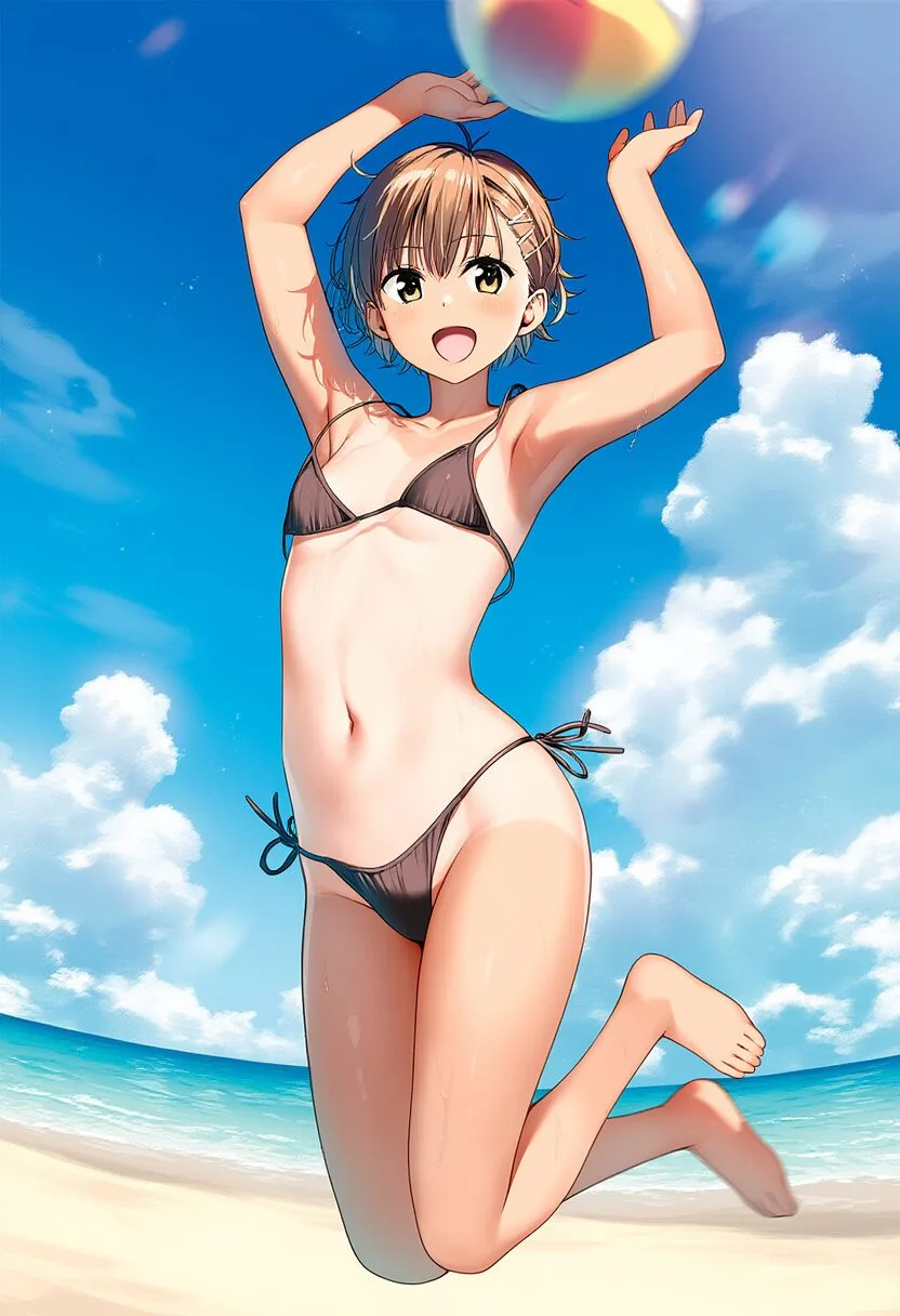 茶髪短髪女の子はビーチバレーでポロリ