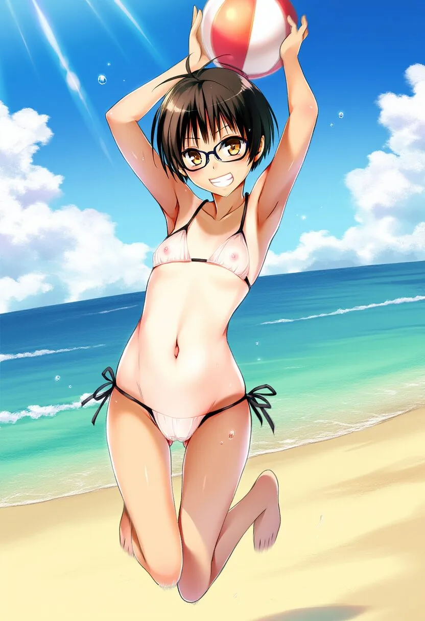 ビーチバレー中の可愛らしいメガネの女の子