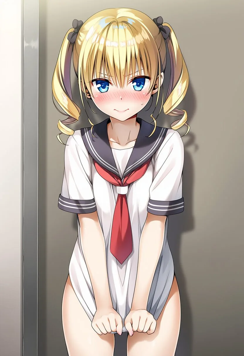 ボトムレスで廊下に立たされる金髪ツインテール娘
