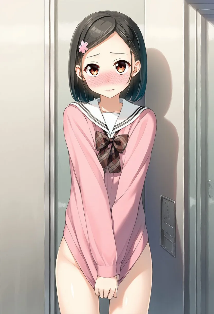 校則違反の罰を受けているショートヘアのぱっつん髪の女の子