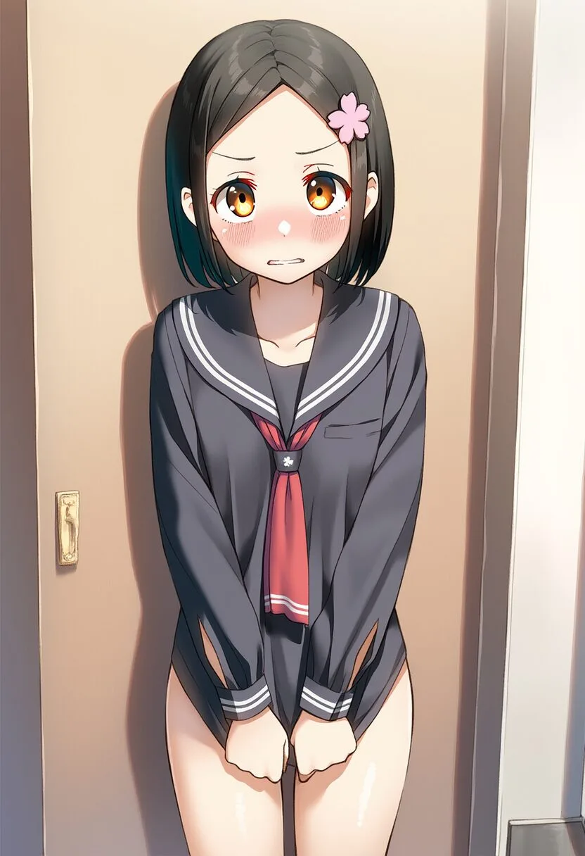 ぱっつん黒髪の女の子はやらかして廊下にボトムレスで立たされる