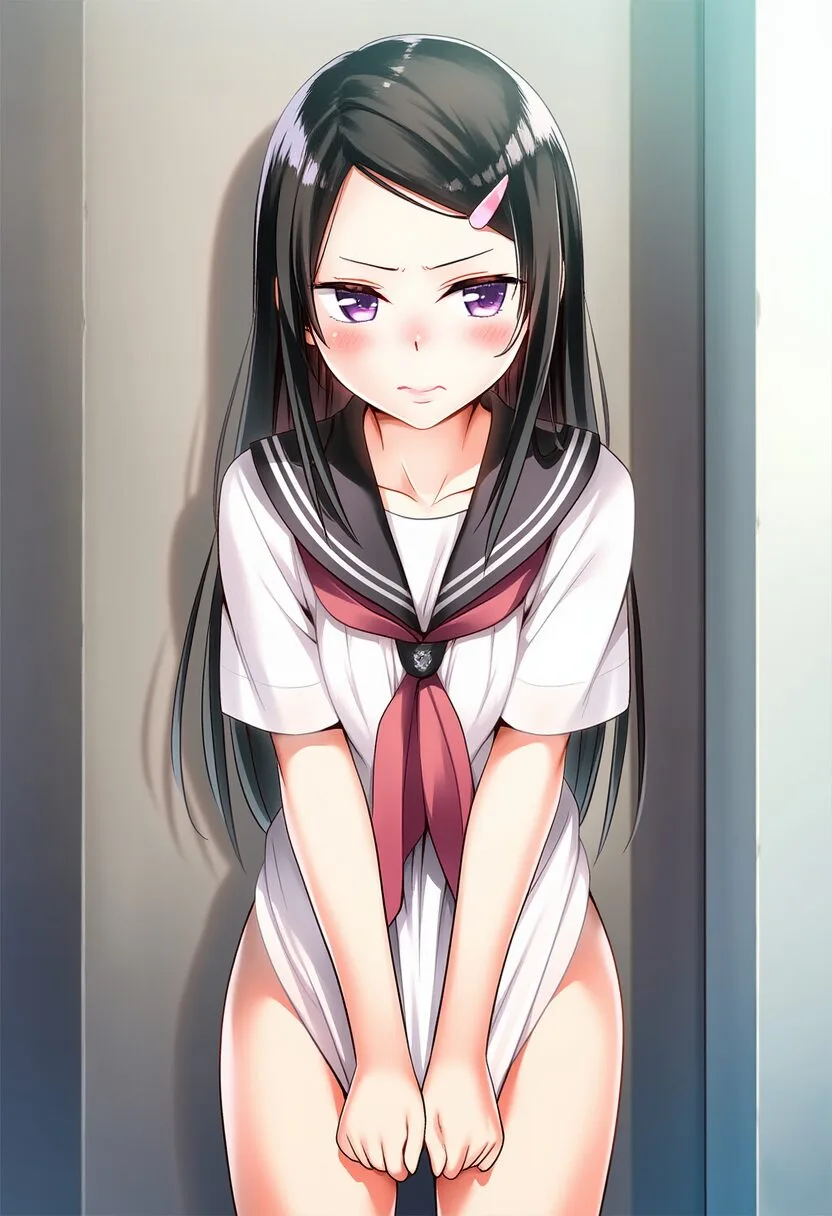 黒髪ロングのお嬢様はやらかして廊下にボトムレスで立たされる