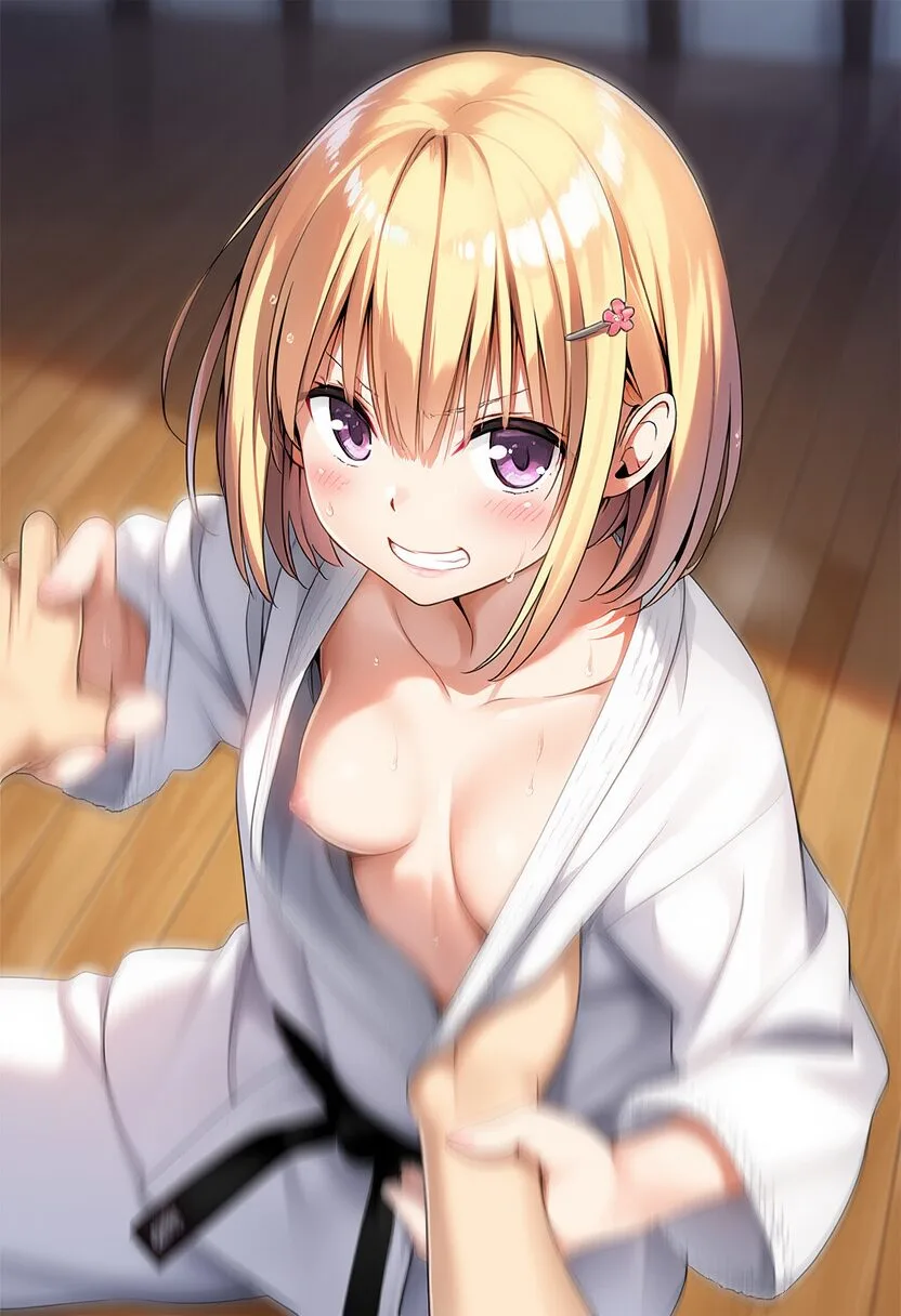 柔道中におっぱいポロリなショート金髪女子