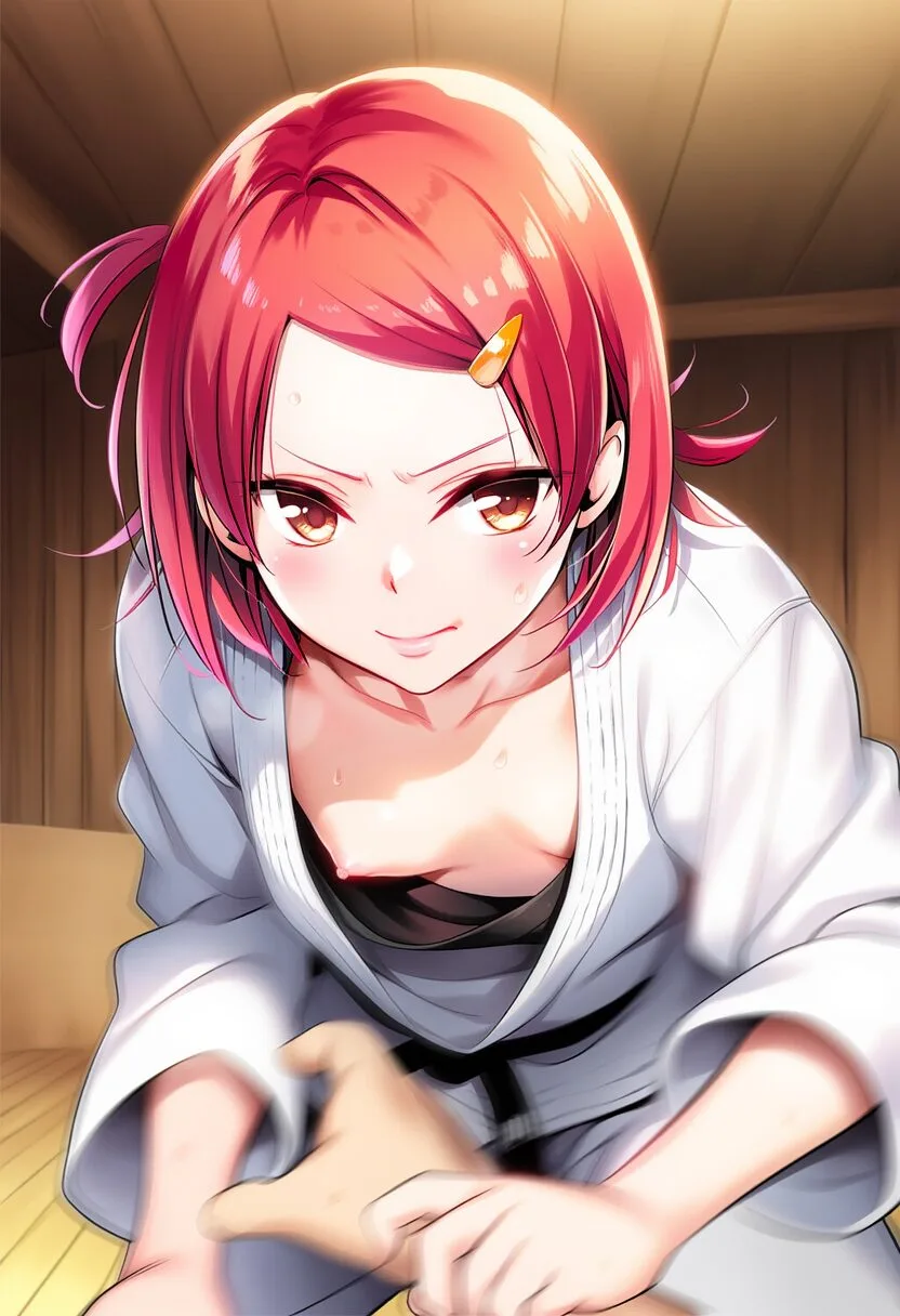 柔道中に胸ポロリな赤髪の女の子