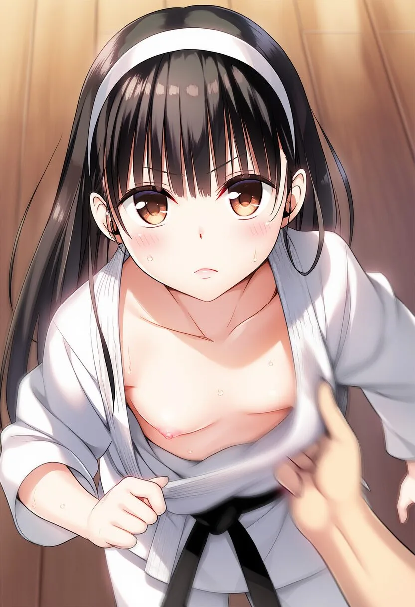 柔道中に乳首チラリするヘアバンドで長い髪を束ねた女子