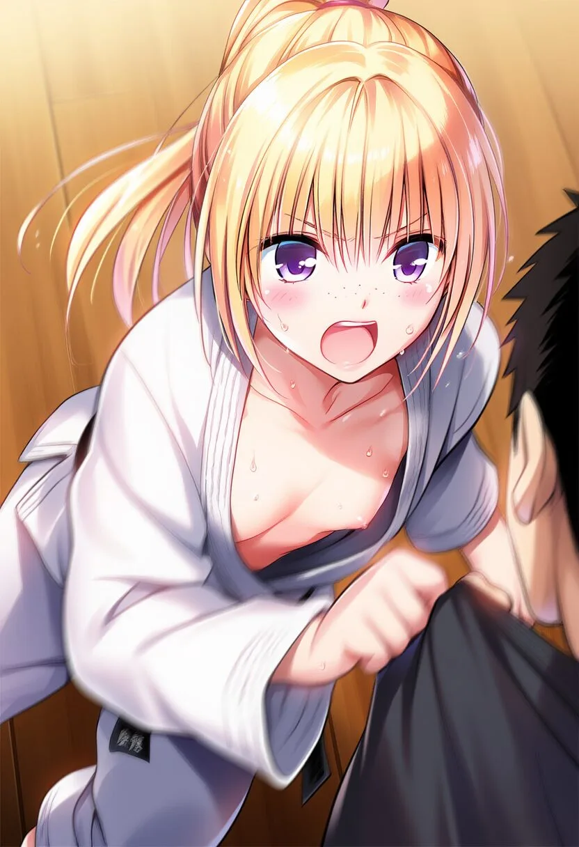 金髪ポニテ女子と柔道中におっぱいチラリ
