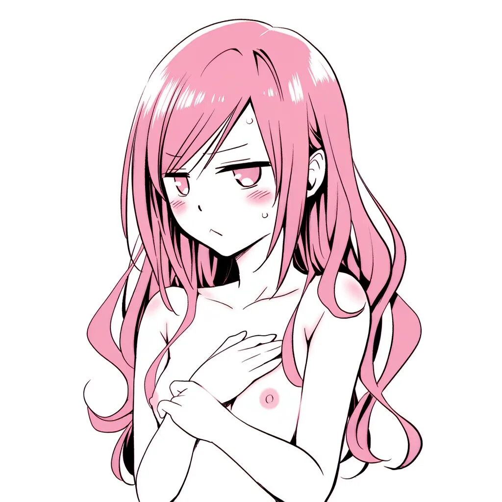 ピンクな髪の女子は温泉で手ブラでジト目