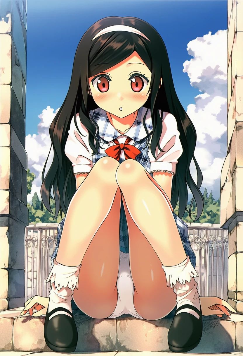 朝霧ことは: stone upstairs, blue sky, white cloud, sitting, school unif