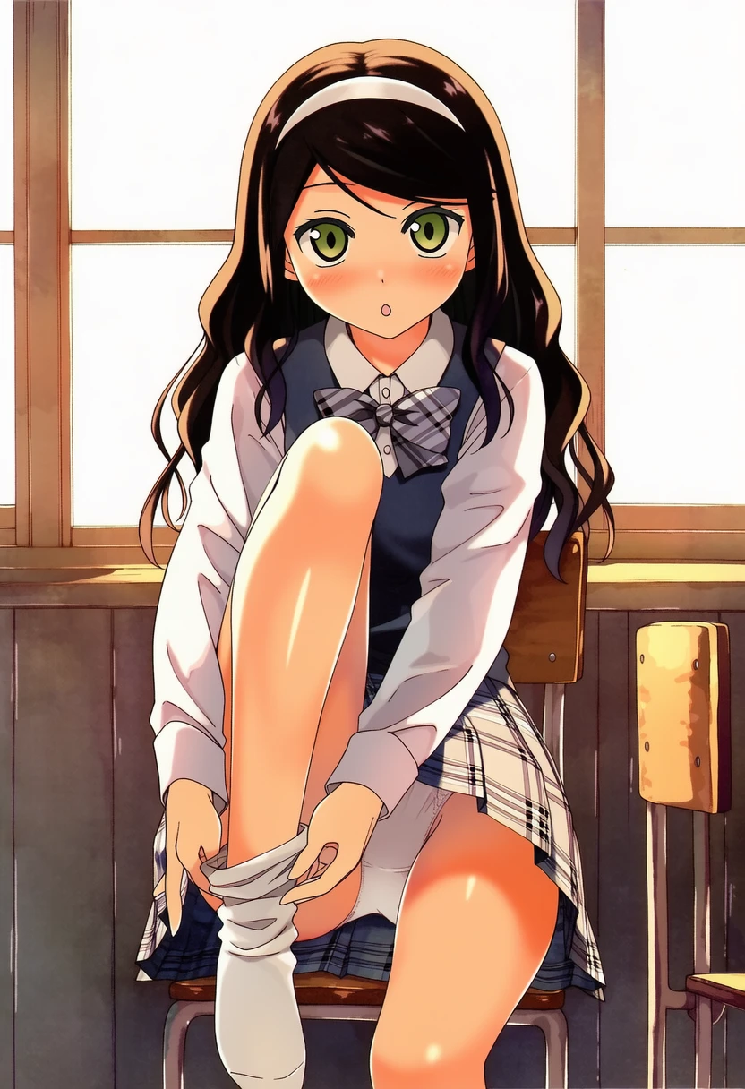 朝霧ことは: a girl, classroom, school uniform, sitting on a student chai