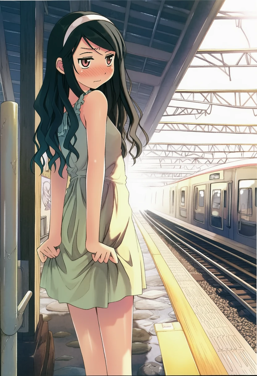 朝霧ことは: a girl, standing beside railway, station platform, she seize