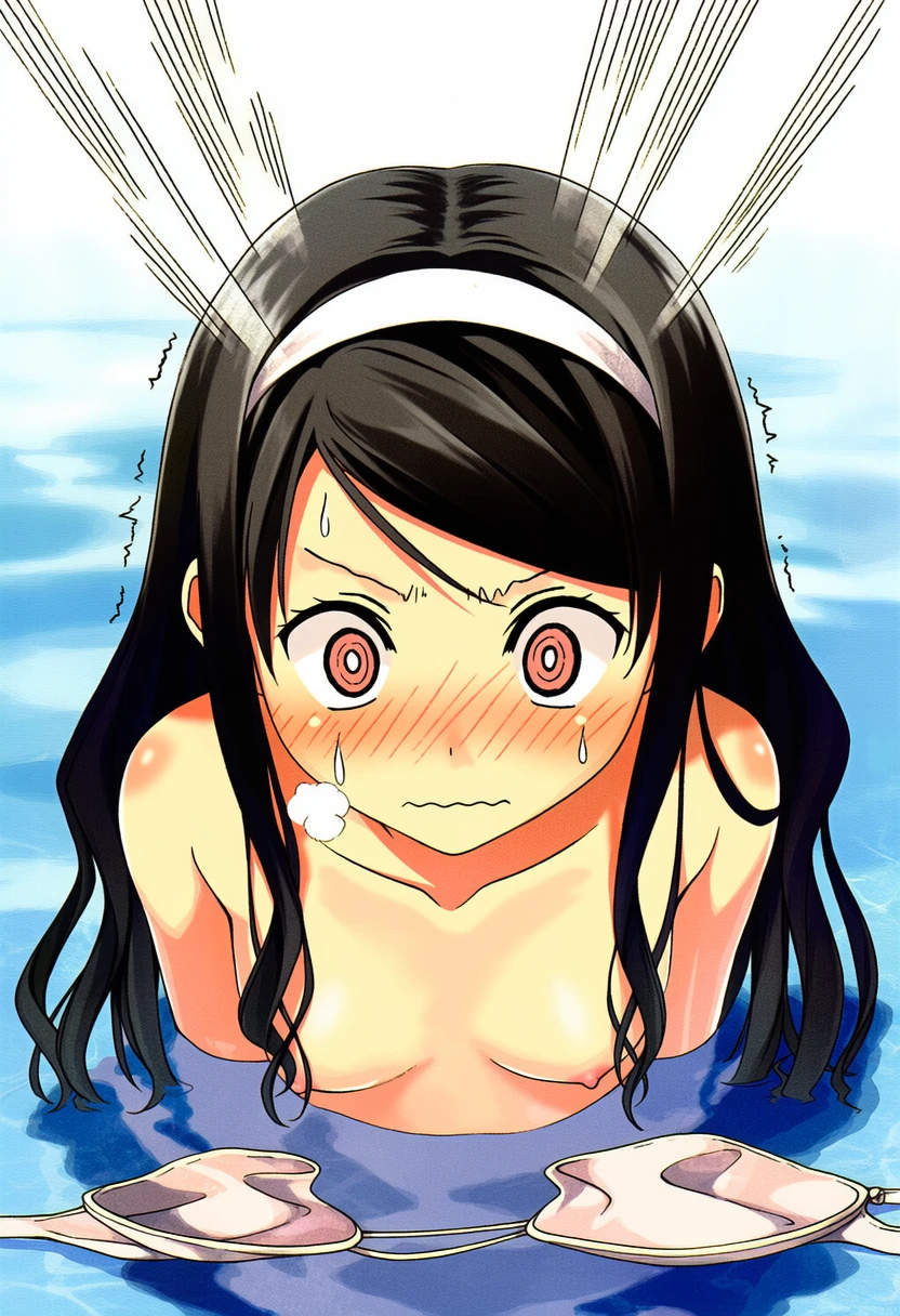朝霧ことは: a girl, pool, topless, nipples, her stomach is under the wat