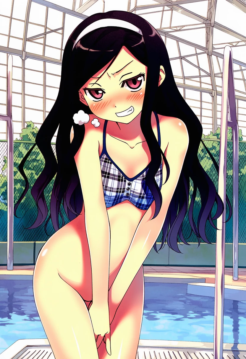 朝霧ことは: a girl, pool, bikini, bottomless, head tilt, stands beside a
