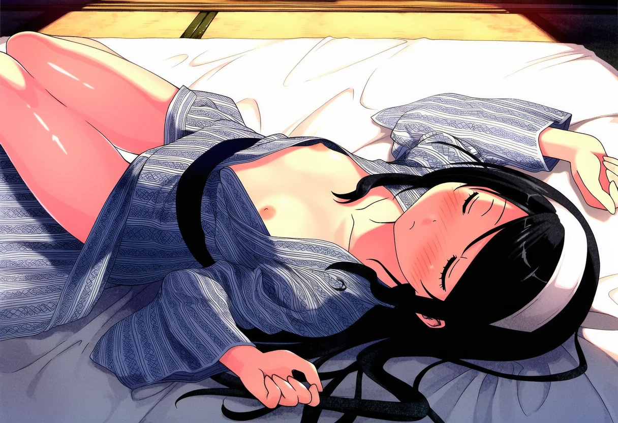 朝霧ことは: a girl, sleeping, yukata, at night, nipples, futon, from sid