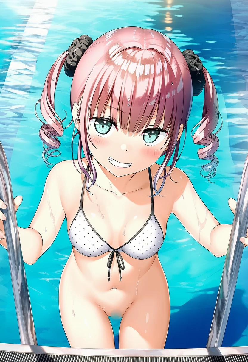 雲母ももか: a girl, pool, bikini, bottomless, head tilt, smile, nsfw, va