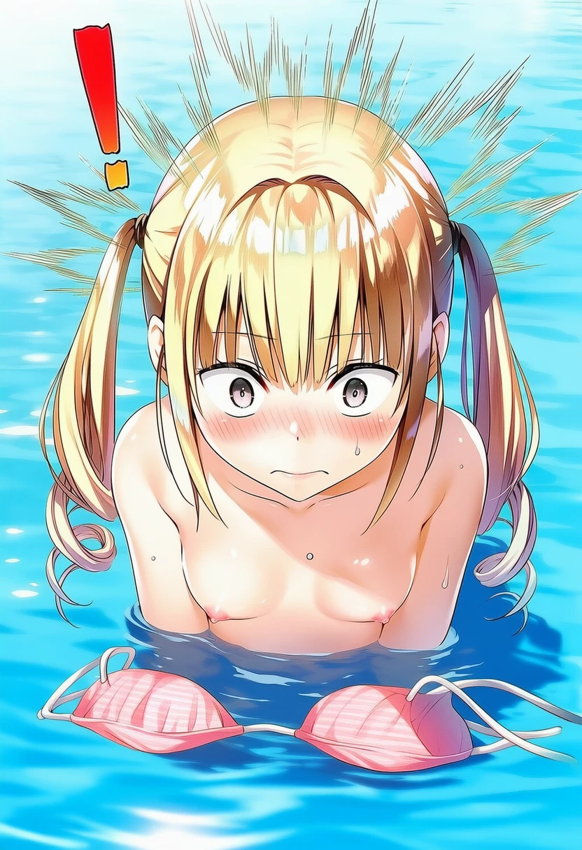 ミア・キャメロン: a girl, pool, topless, nipples, her stomach is under the wat