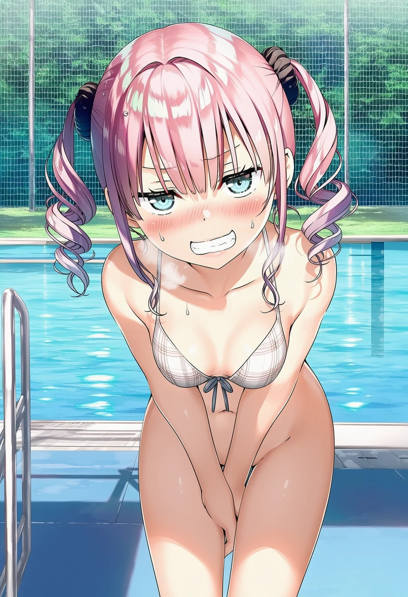 雲母ももか: a girl, pool, bikini, bottomless, head tilt, stands beside a