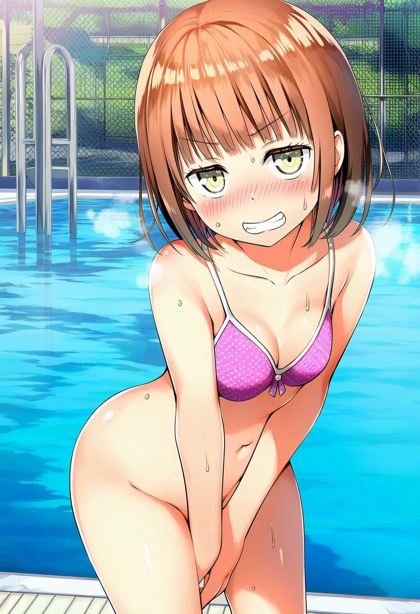 空井める: a girl, pool, bikini, bottomless, head tilt, stands beside a
