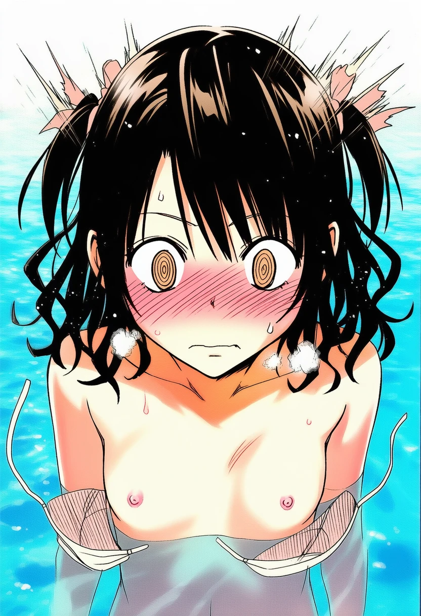 歌原みつき: a girl, pool, topless, nipples, her stomach is under the wat