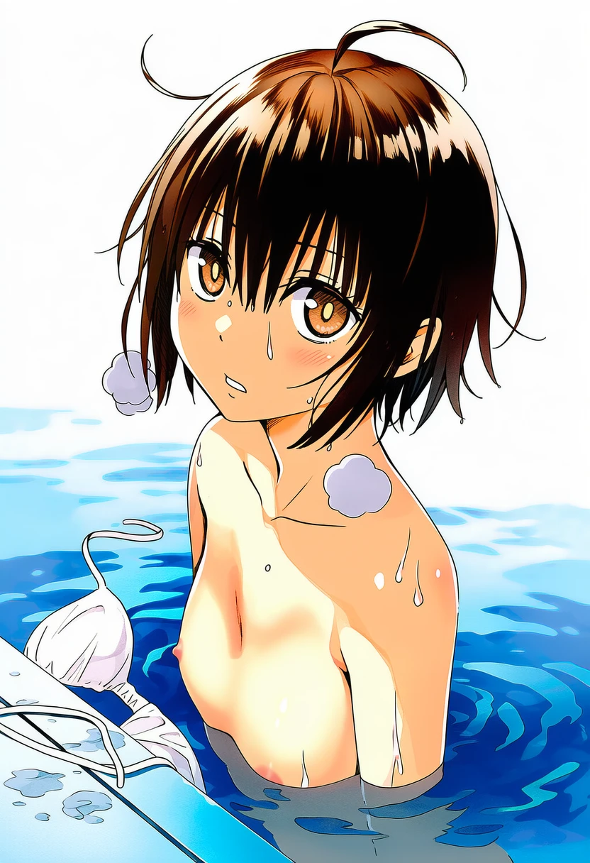 神代あかね: a girl, pool, topless, nipples, her stomach is under the wat