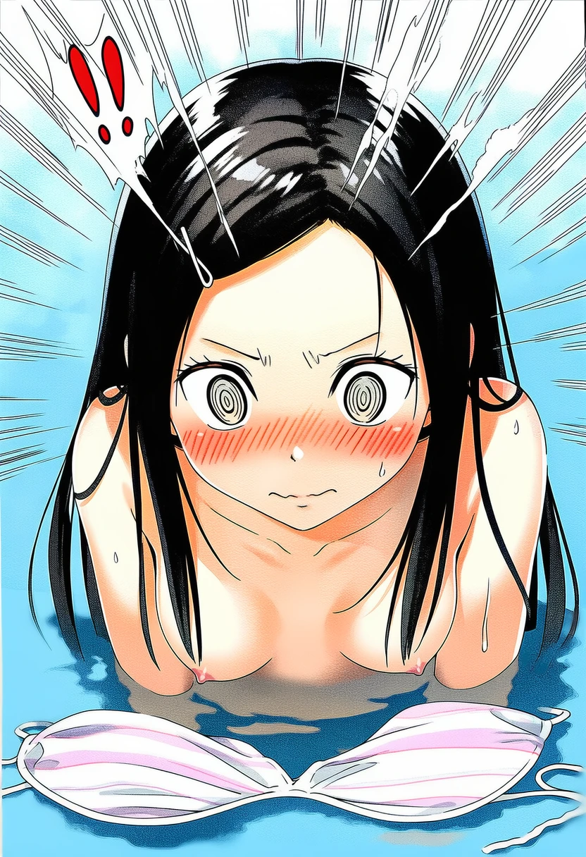 五月女さな: a girl, pool, topless, nipples, her stomach is under the wat