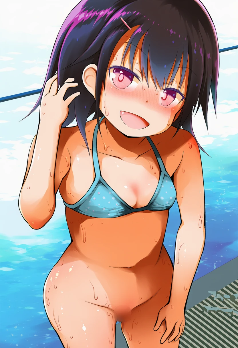 根岸めぐ: a girl, pool, bikini, bottomless, head tilt, smile, nsfw, va