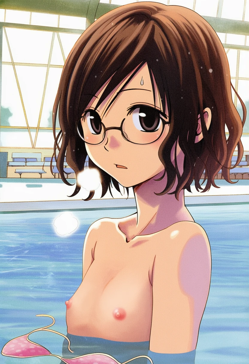 清華みのり: a girl, pool, topless, nipples, her stomach is under the wat