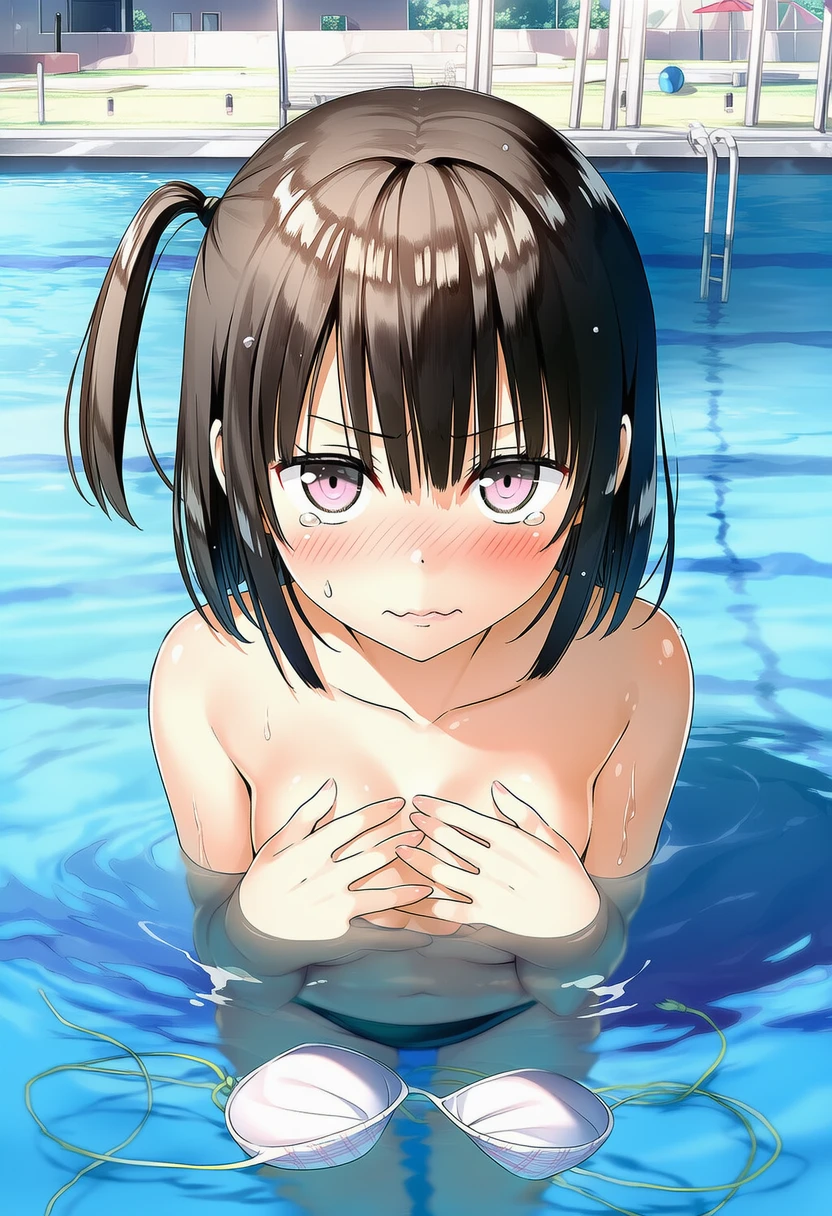 真理谷なつめ: a girl, pool, topless, her chest is under the water, {{{{{
