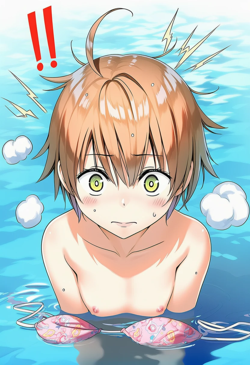 日向寺りり: a girl, pool, topless, nipples, her stomach is under the wat