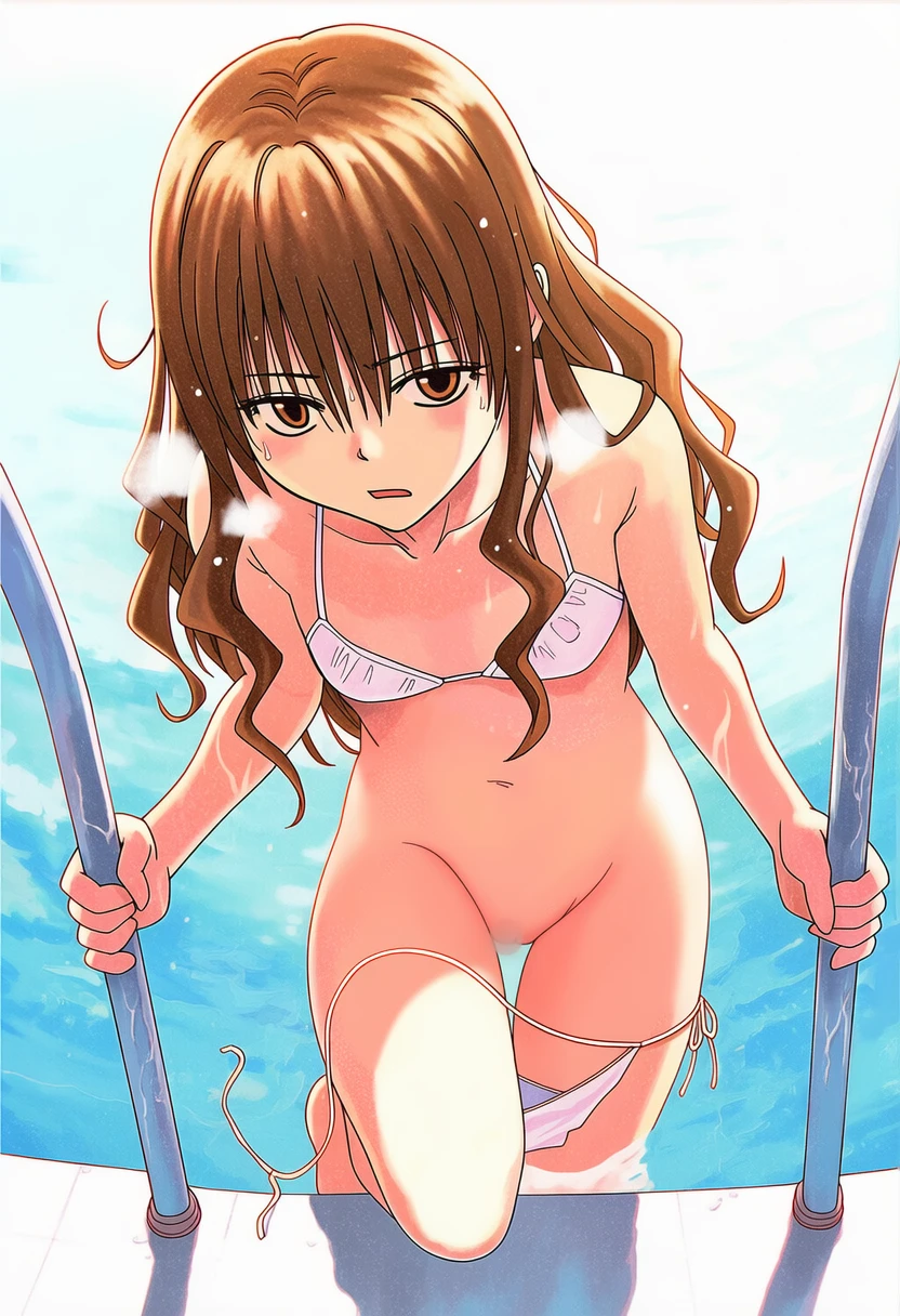 羽井あやね: a girl, pool, She is grabbing the handrail to climb out of t