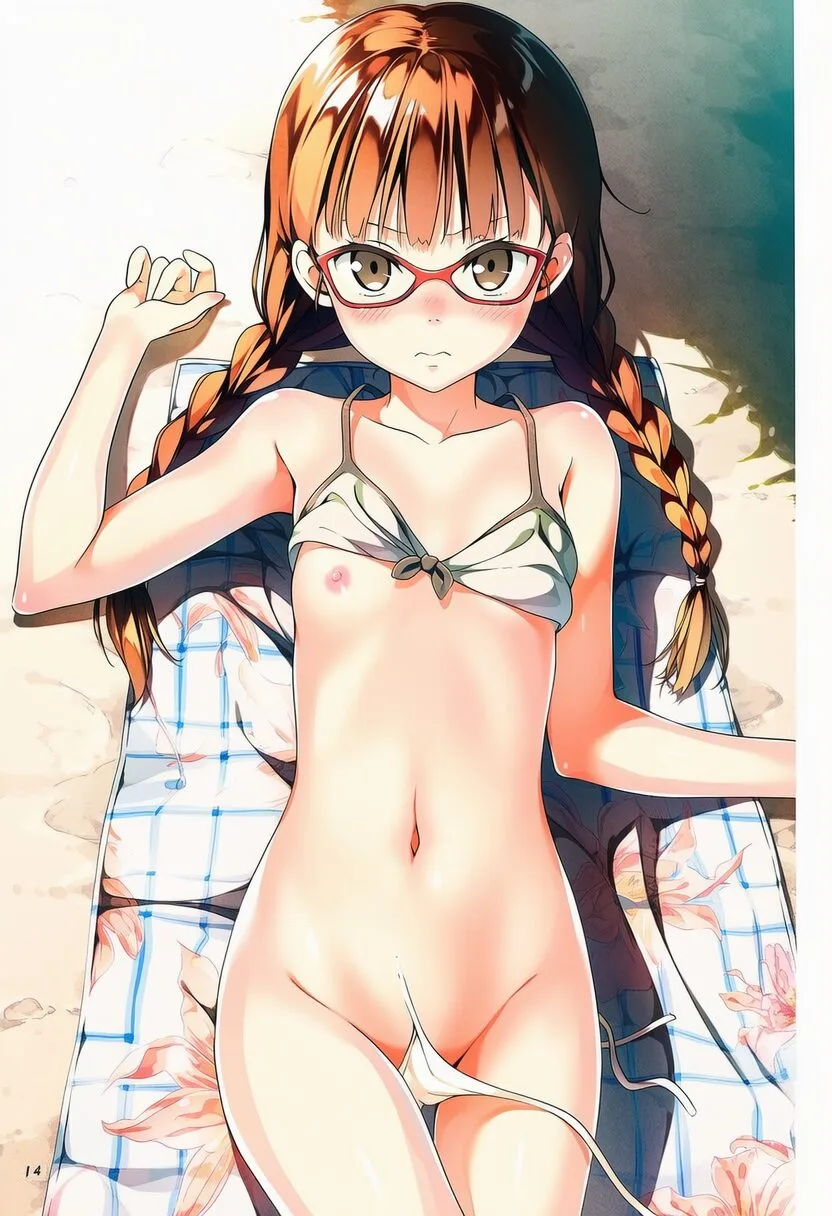 千種ほまれ: a girl, sleeping, on a beach, closed eyes, nip slip, nipple,
