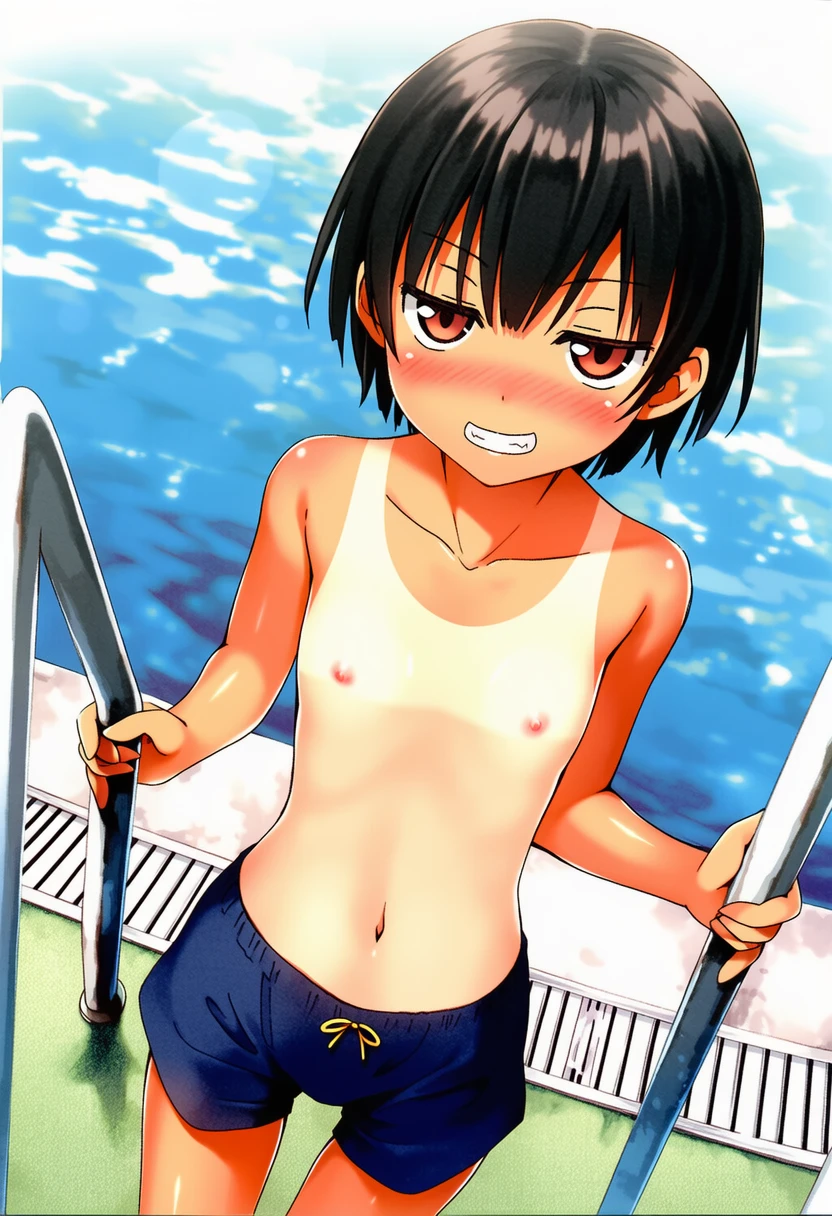 中川なおこは男の子水着でジト目苦笑い