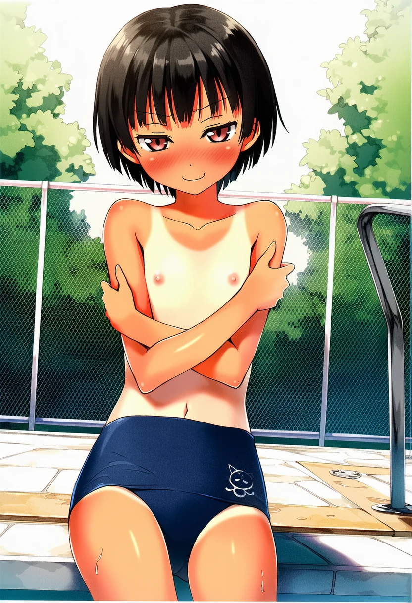 中川なおこは男の子水着でベンチに座ってる