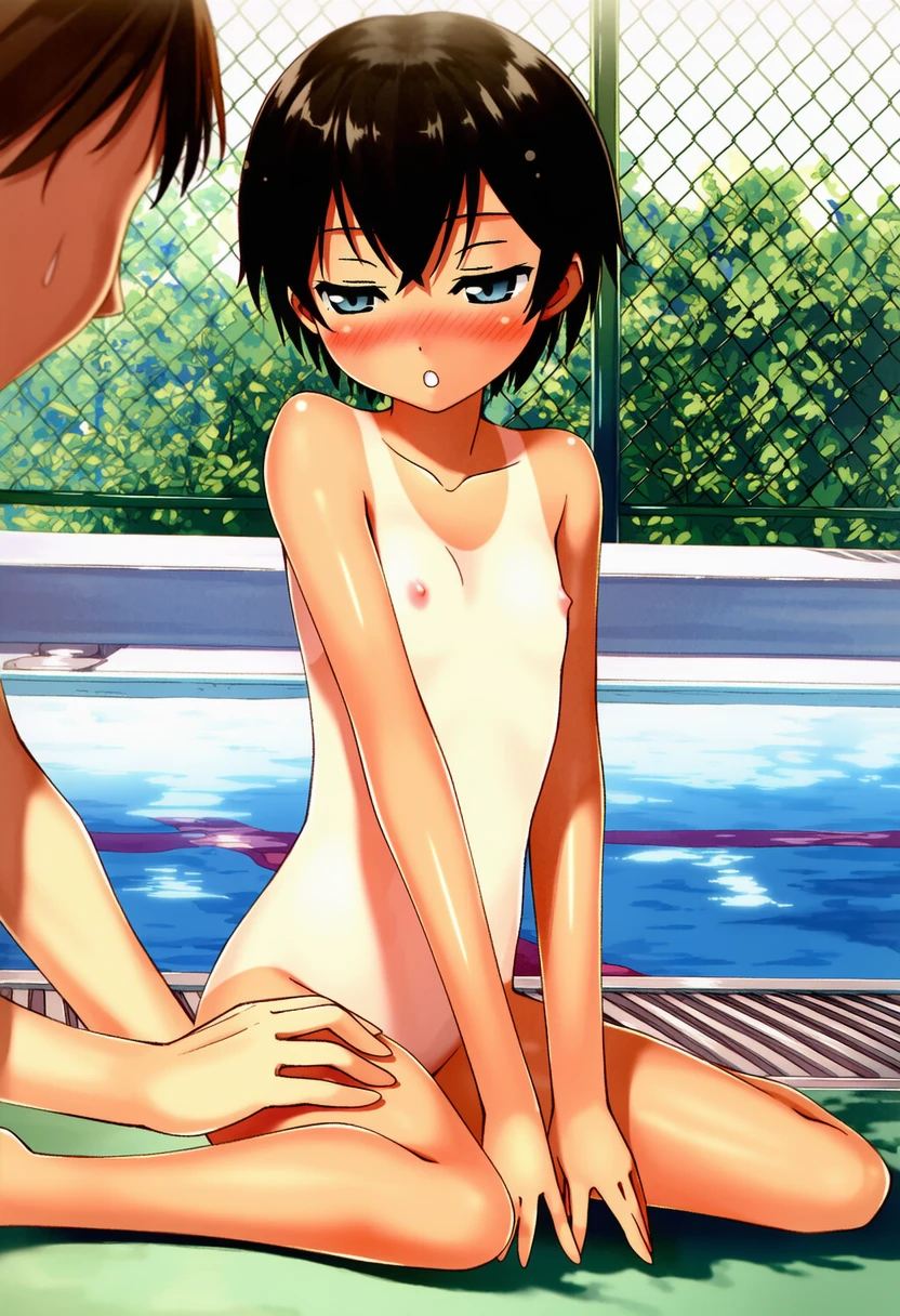 中川なおこはすっぽんぽんでプールサイドに座り込む